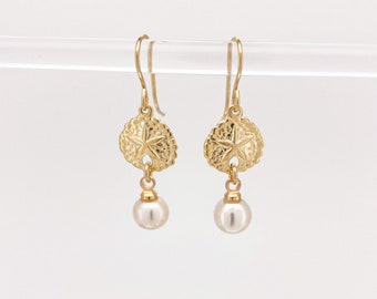 Gold Filled Shell Pearls Earrings ∙ Sand Dollar Charms ∙ Wedding Jewelry ∙ Dangle Earrings ∙ Starfish Seashell Earrings Waterproof