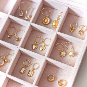 9 Gold filled hoop styles | Thick gold hoops minimalist | Pendant earrings sun, flowe,r zircon, heart, love | Tiny huggie for her in gold