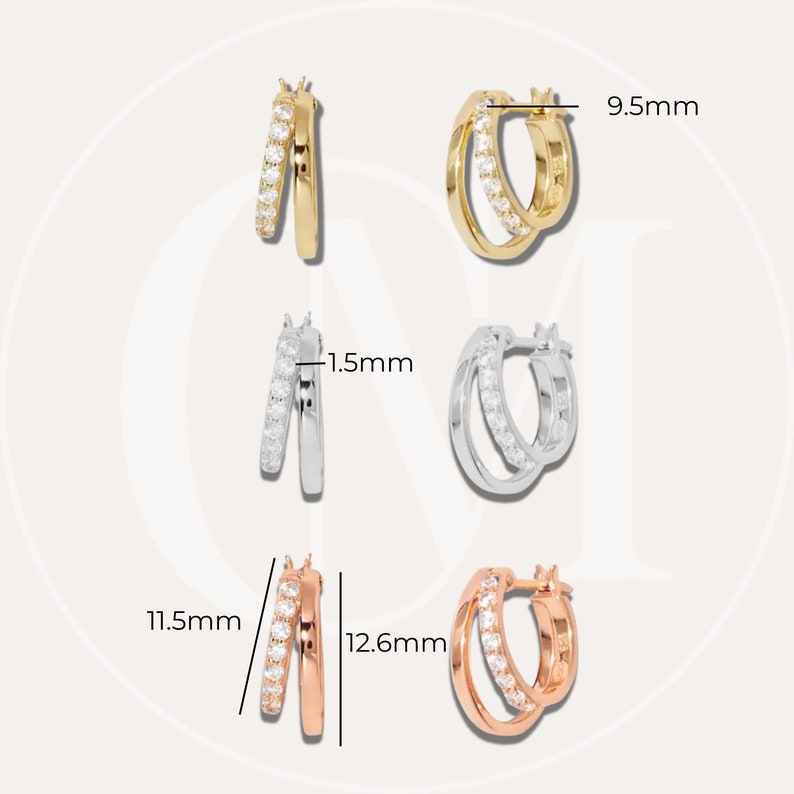 K&ouml;nnte beinhalten: Drei Paar Creolen mit einer doppelten Reihe aus klaren Zirkonia-Steinen. Die Ohrringe sind in Gold, Silber und Ros&eacute;gold erh&auml;ltlich. Die Ohrringe haben einen Durchmesser von 9,5 mm, 11,5 mm und 12,6 mm.