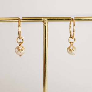 ELISA 14 Karat Gold Filled Pearl Earrings Huggie gold hoop Star pendant earrings Minimalist Gold earrings Hypoallergenic image 5