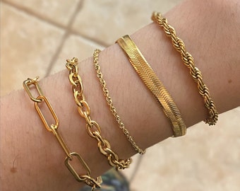 10 stijlen roestvrijstalen armbanden | Visgraat, slang, kabel | Grove breisels | Gouden armbanden voor dames