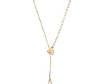 14k Gold Filled Sea Shell Y Necklace with drop pearl ∙ Sand Dollar Charms ∙ Wedding Jewelry ∙ Dangle Pearl Necklace ∙ Waterproof