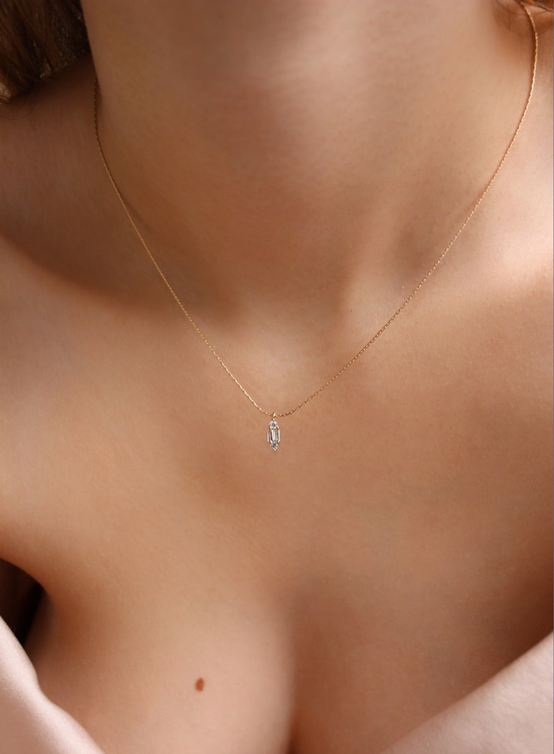 MARQUISE Dainty 14K Gold Filled Baguette Necklace Tiny charm Minimalist gold chain Gold fill necklace Gold Snake Chain image 4