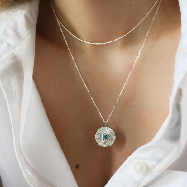 Set of 2 minimalist necklaces in 925 sterling silver with sunburst turquoise pendant | Double layered choker