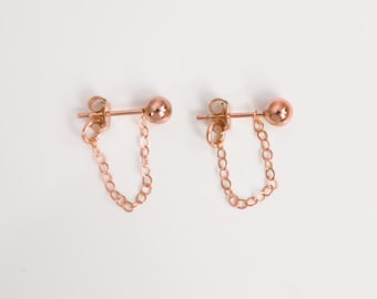 14K Rose Gold Filled Hoop Earrings | Chain front back | Ear jewelry | Gift idea | Studs and studs | Before behind