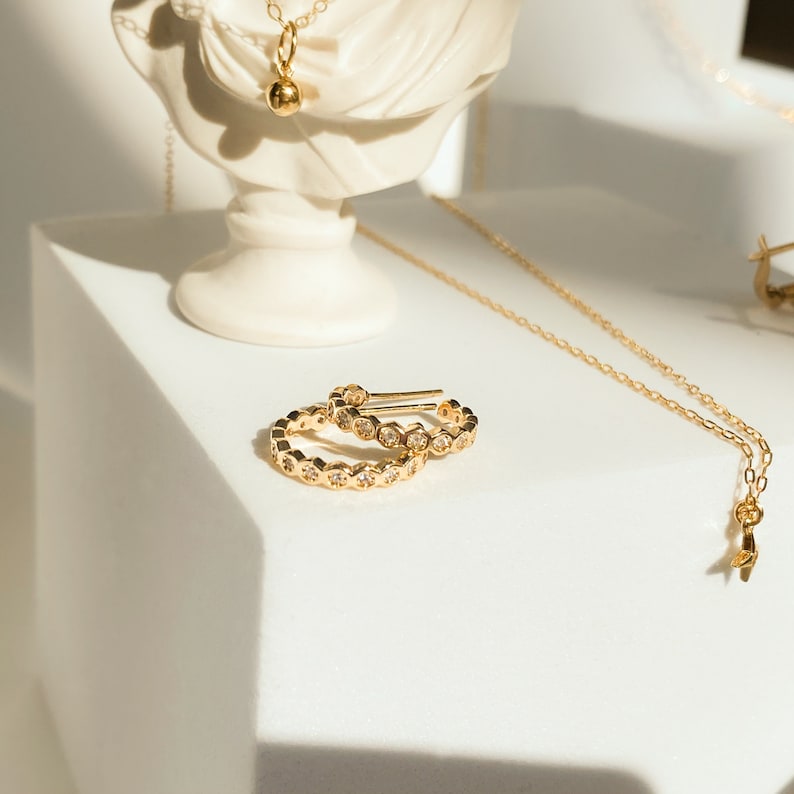 BEA Hoop earrings Geometric CZ huggies 15mm Little gold hoop for women CZ Bezel Gift Anniversary image 7