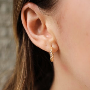 BEA Hoop earrings Geometric CZ huggies 15mm Little gold hoop for women CZ Bezel Gift Anniversary image 4