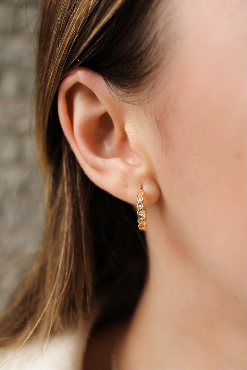 BEA Hoop earrings Geometric CZ huggies 15mm Little gold hoop for women CZ Bezel Gift Anniversary image 4