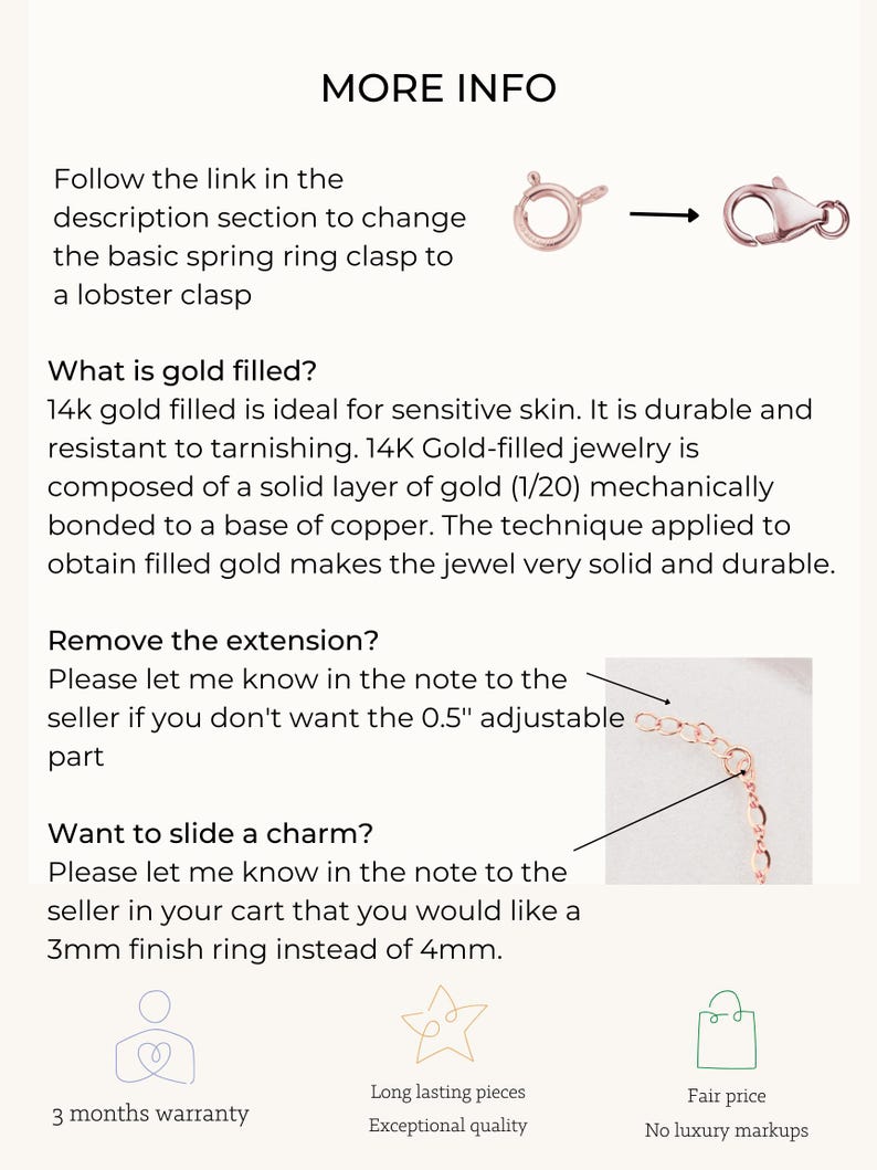 May include: A close-up of a gold-filled chain necklace with a lobster clasp. The necklace is 14k gold-filled and is ideal for sensitive skin. The image also shows a 3-month warranty, long-lasting pieces, exceptional quality, and a fair price with no luxury markups.