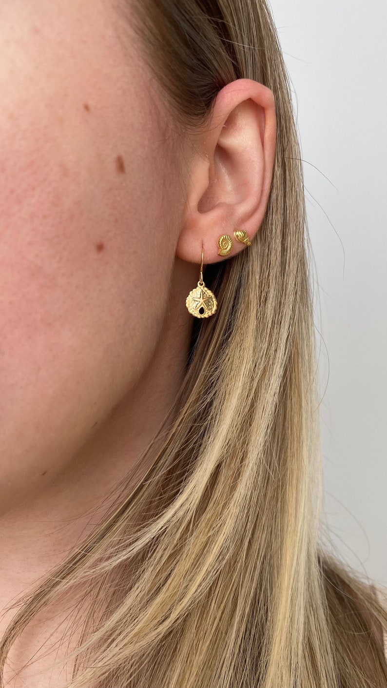 May include: Gold dangle earrings featuring a seashell design. The earrings are shown on a model with blonde hair.