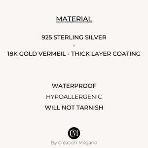 May include: Text on a cream background reads "MATERIAL", "925 STERLING SILVER", "18K GOLD VERMEIL - THICK LAYER COATING", "WATERPROOF", "HYPOALLERGENIC", and "WILL NOT TARNISH". The text is in black. The logo "CM" is at the bottom.