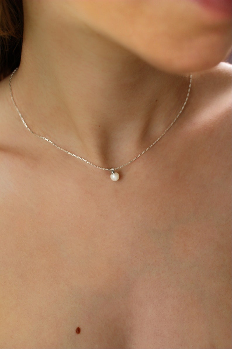 JUNE Silver Pearl Drop Necklace Pearl Dangle Chain Tiny Box Chain Wedding Pearl Layering image 2