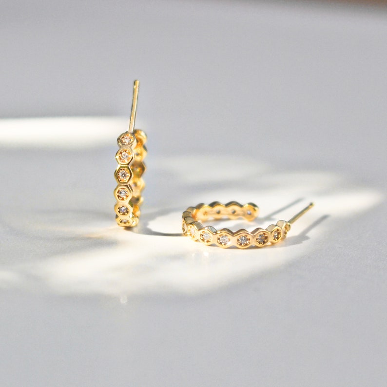 BEA Hoop earrings Geometric CZ huggies 15mm Little gold hoop for women CZ Bezel Gift Anniversary image 5