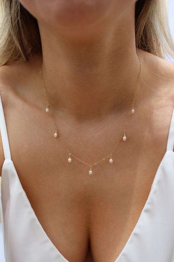 14K Gold Filled Dainty Freshwater Dangling Pearl Necklace · Bridesmaid Gift · Lariat Spaced Pearl Chain Necklace · Dangle Choker Necklace SC