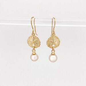 Gold Filled Shell Pearls Earrings ∙ Sand Dollar Charms ∙ Wedding Jewelry ∙ Dangle Earrings ∙ Starfish Seashell Earrings Waterproof image 2