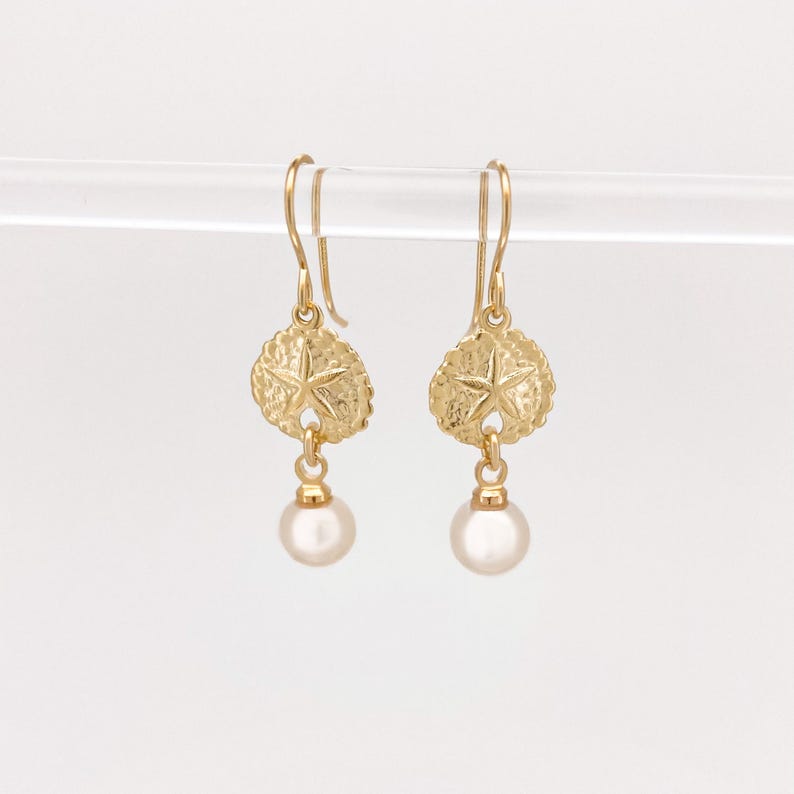 Gold Filled Shell Pearls Earrings ∙ Sand Dollar Charms ∙ Wedding Jewelry ∙ Dangle Earrings ∙ Starfish Seashell Earrings Waterproof image 2