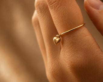 AMOR - 14k Gold Filled Love Ring · Dangling Heart Charm Ring · Waterproof Ring · Gift for Girlfriend · Gold Filled Jewelry Creation Megane