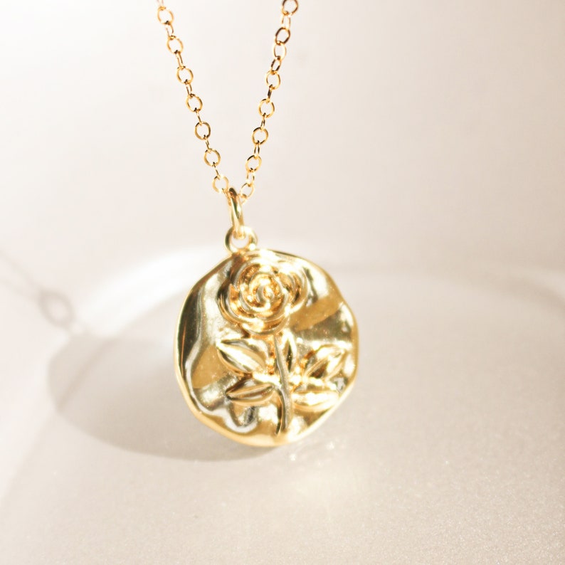 Rose Medallion Pendant Necklace 14K Gold Filled Chain Coin - Etsy