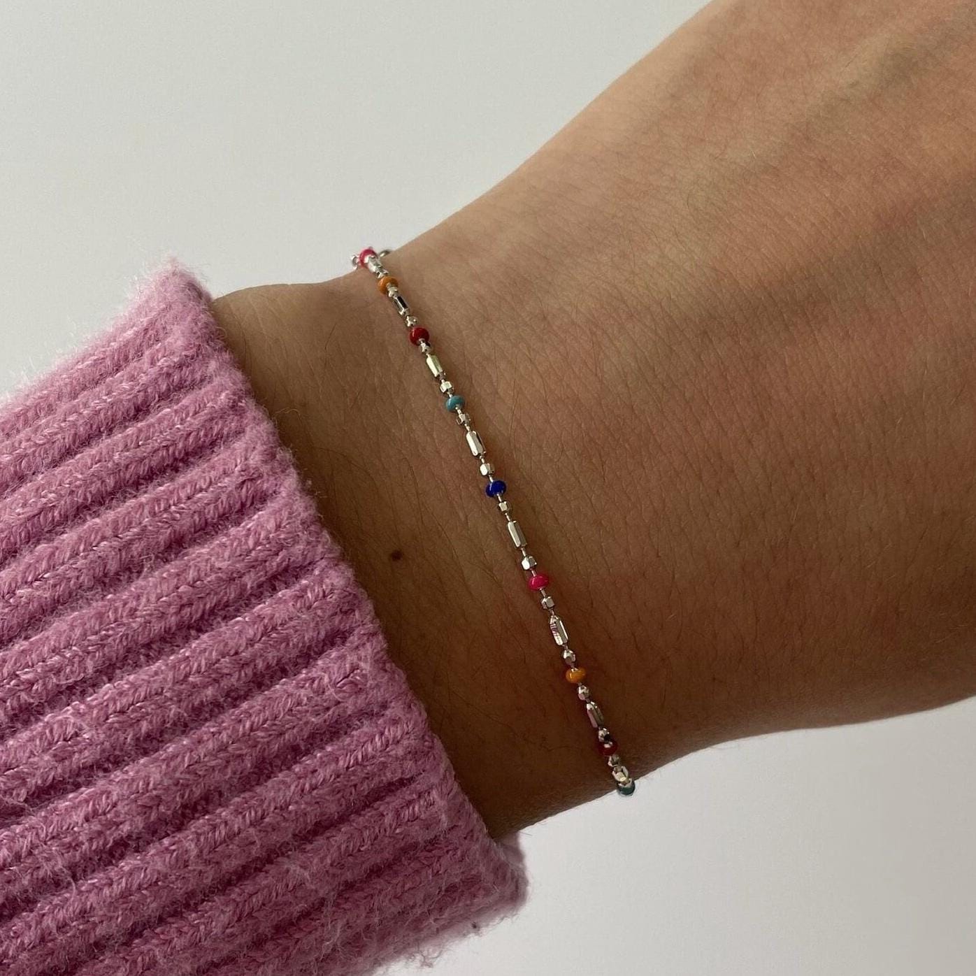 Colorful Silvery Dainty Bracelet In 925 Sterling Silver · 6 inches adjustable to 7.25 · Stacking Bracelet · Rainbow Bracelet