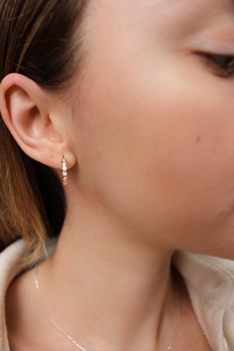 BEA Hoop earrings Geometric CZ huggies 15mm Little gold hoop for women CZ Bezel Gift Anniversary image 6