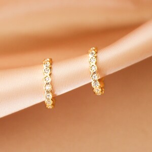 BEA Hoop earrings Geometric CZ huggies 15mm Little gold hoop for women CZ Bezel Gift Anniversary image 2
