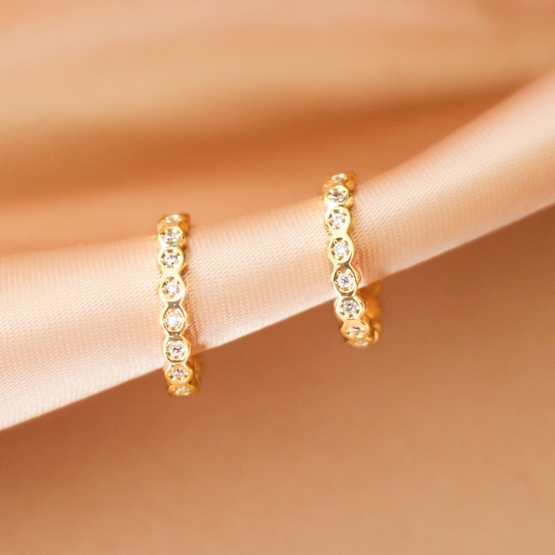 BEA Hoop earrings Geometric CZ huggies 15mm Little gold hoop for women CZ Bezel Gift Anniversary image 2