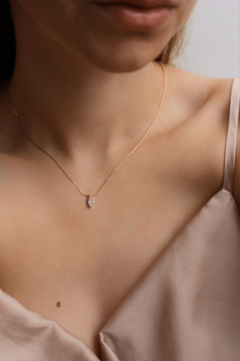 MARQUISE Dainty 14K Gold Filled Baguette Necklace Tiny charm Minimalist gold chain Gold fill necklace Gold Snake Chain image 1