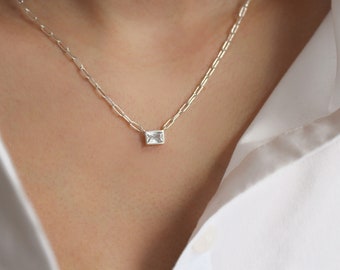 LILI - S925 Sterling Silver Zircon Necklace | Tarnish Resistant | Paperclip chain | Minimalist Layering Necklace