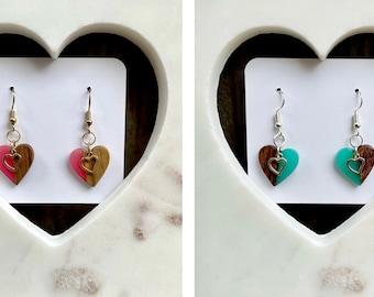 Wood/Resin Mix | Heart Earrings