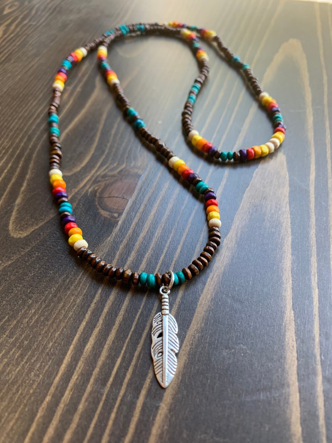 Native American Pattern Beaded Necklace W/feather Pendant. - Etsy