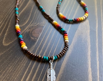 Native American pattern beaded necklace w/Feather pendant.