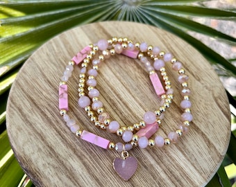 Beaded Bracelet Set | Pink Heart Mix