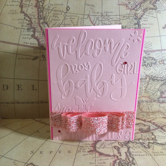 WELCOME BABY GIRL Handmade Greeting Card. Made in Bright Pink and Light Pink  Card Stock W/embellishments and Ribbon. 