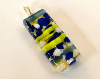 Blue and Yellow Ribbons and Bubbles Fused Glass Pendant