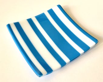 Blue and white striped plate, Fused glass plate