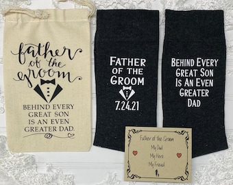 Father of the Groom gift, FREE Label, Wedding Socks, Behind every great son is an even greater Dad. Father of the Bride, Groom, Tux design