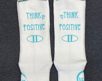 Custom listing for AIM - Teal (sea glass green) fonts - Think Positive w/ positive emblem - AIM logo on each side of white socks