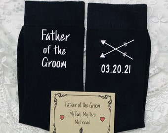 Father of the GROOM Socks, Father of the BRIDE, Groomsmen Wedding Socks, Please send wedding date, arrows socks