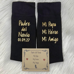 Spanish Father of Groom gift: My Papa, My Heroe, My Amigo | English My Dad My Hero My Friend, Father of Bride socks, FREE sock label