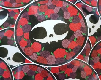 Shiny gothic Skullcat With Roses 3 inch Sticker