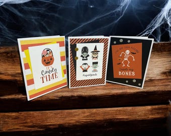 Set of 3 Halloween Greeting Cards – Candy, Squad, Skeleton Designs