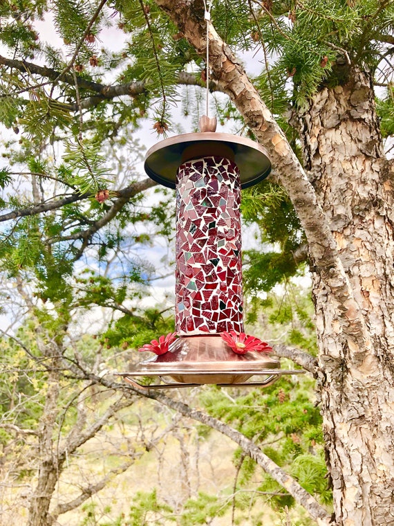 Glass Mosaic Hummingbird Feeder Red And White Etsy