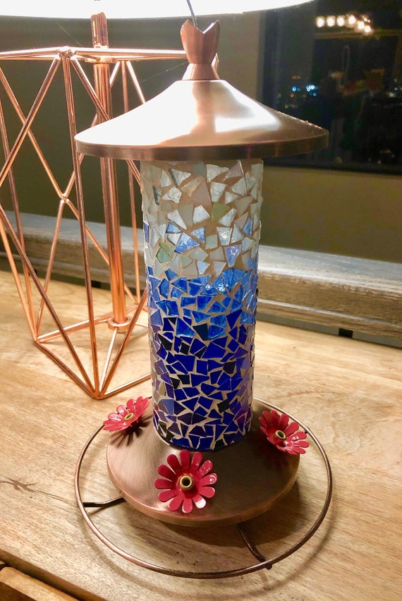 Glass Mosaic Hummingbird Feeder Blue And White Etsy
