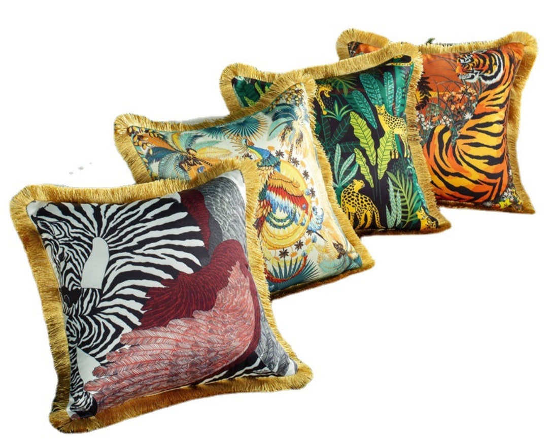 Modern Animal Print Cushion Covers Decorative Tassel Trim Tiger Leopard