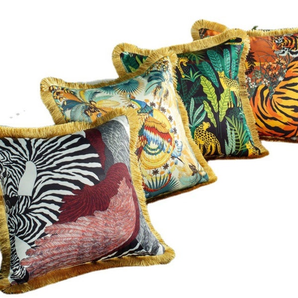 Modern animal print cushion covers decorative Tassel Trim tiger leopard horse phoenix Throw pillow case high end home deco housewarming gift