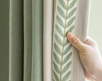 Custom Drapery two tone green off white Cotton Chenille Curtain Nursery blackout drape french door backyard Countryside baby kid bedroom