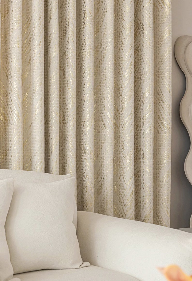 Extra long Curtain high celling tall window double side room divider curtain Drapery chevron gold metallic cream high-end Custom drape image 3