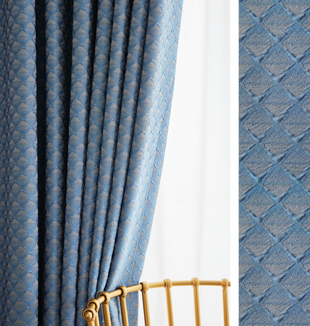 Custom Made 2 Panels Premium Quality Curtain Fabric Embossed Thread Weighted Square Diamond