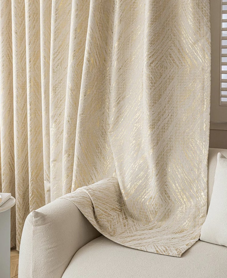 Extra long Curtain high celling tall window double side room divider curtain Drapery chevron gold metallic cream high-end Custom drape image 5