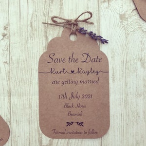 Rustic Save The Date, Vintage Lavender and twine tag, elegant text design